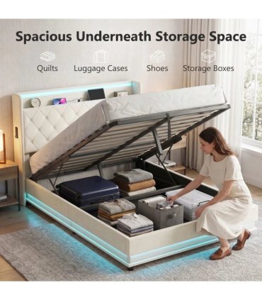 HOMCOM 4ft6 Double Bed Frame with Headboard, Platform Bed Frame with Hydraulic Storage, LED Lights and Charging Station, Cream