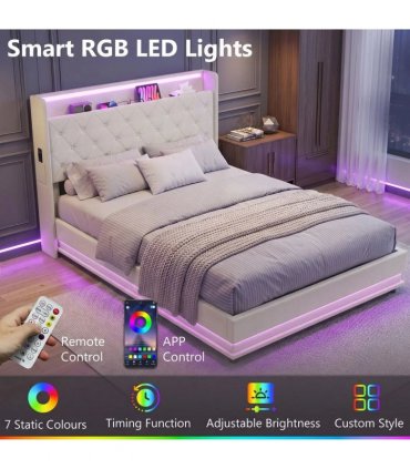 HOMCOM 4ft6 Double Bed Frame with Headboard, Platform Bed Frame with Hydraulic Storage, LED Lights and Charging Station, Cream