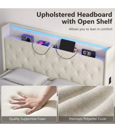 HOMCOM 4ft6 Double Bed Frame with Headboard, Platform Bed Frame with Hydraulic Storage, LED Lights and Charging Station, Cream