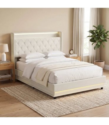 HOMCOM 4ft6 Double Bed Frame with Headboard, Platform Bed Frame with Hydraulic Storage, LED Lights and Charging Station, Cream