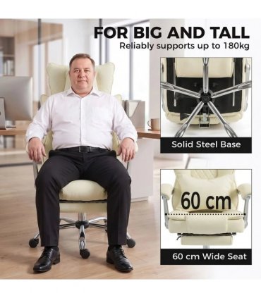 HOMCOM Executive Office Chair, PU Big and Tall Office Chair 180 kg with Wide Seat, Reclining, Lumbar Support, Beige