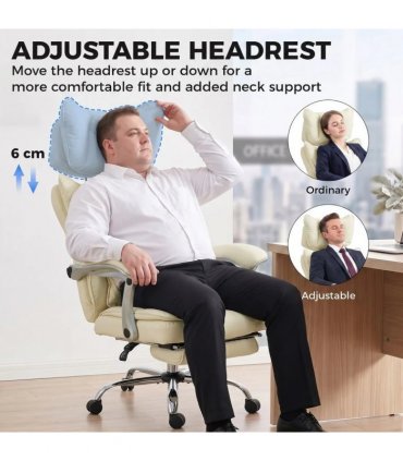 HOMCOM Executive Office Chair, PU Big and Tall Office Chair 180 kg with Wide Seat, Reclining, Lumbar Support, Beige