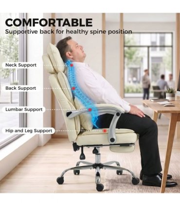 HOMCOM Executive Office Chair, PU Big and Tall Office Chair 180 kg with Wide Seat, Reclining, Lumbar Support, Beige