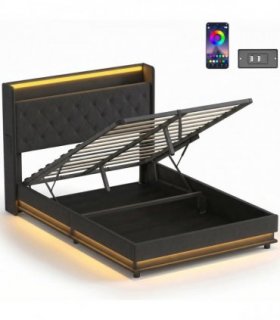 HOMCOM 4ft6 Double Bed Frame with Headboard, Platform Bed Frame with Hydraulic Storage, LED Lights and Charging Station, Black