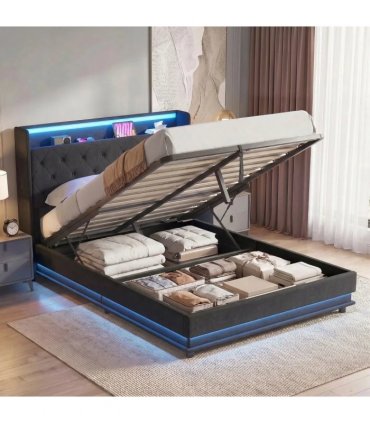 HOMCOM 4ft6 Double Bed Frame with Headboard, Platform Bed Frame with Hydraulic Storage, LED Lights and Charging Station, Black