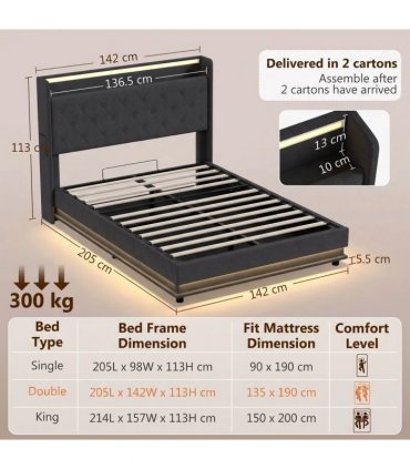 HOMCOM 4ft6 Double Bed Frame with Headboard, Platform Bed Frame with Hydraulic Storage, LED Lights and Charging Station, Black