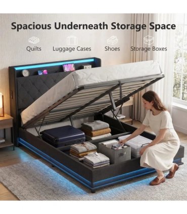 HOMCOM 4ft6 Double Bed Frame with Headboard, Platform Bed Frame with Hydraulic Storage, LED Lights and Charging Station, Black