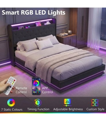 HOMCOM 4ft6 Double Bed Frame with Headboard, Platform Bed Frame with Hydraulic Storage, LED Lights and Charging Station, Black