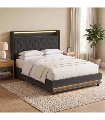 HOMCOM 4ft6 Double Bed Frame with Headboard, Platform Bed Frame with Hydraulic Storage, LED Lights and Charging Station, Black
