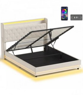 HOMCOM 5ft King Bed Frame with Headboard, Platform Bed Frame with Hydraulic Storage, LED Lights and Charging Station, White