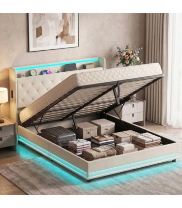HOMCOM 5ft King Bed Frame with Headboard, Platform Bed Frame with Hydraulic Storage, LED Lights and Charging Station, White