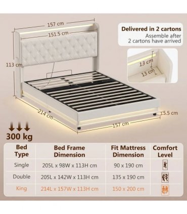 HOMCOM 5ft King Bed Frame with Headboard, Platform Bed Frame with Hydraulic Storage, LED Lights and Charging Station, White