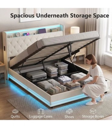 HOMCOM 5ft King Bed Frame with Headboard, Platform Bed Frame with Hydraulic Storage, LED Lights and Charging Station, White