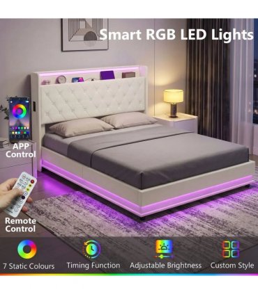 HOMCOM 5ft King Bed Frame with Headboard, Platform Bed Frame with Hydraulic Storage, LED Lights and Charging Station, White