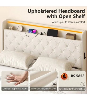 HOMCOM 5ft King Bed Frame with Headboard, Platform Bed Frame with Hydraulic Storage, LED Lights and Charging Station, White