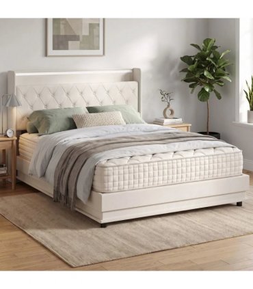 HOMCOM 5ft King Bed Frame with Headboard, Platform Bed Frame with Hydraulic Storage, LED Lights and Charging Station, White