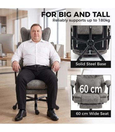 HOMCOM Executive Office Chair, Leathaire Big and Tall Office Chair 180 kg with Wide Seat, Reclining, Lumbar Support, Grey