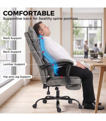HOMCOM Executive Office Chair, Leathaire Big and Tall Office Chair 180 kg with Wide Seat, Reclining, Lumbar Support, Grey