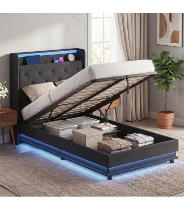 HOMCOM 3ft Single Bed Frame with Headboard, Platform Bed Frame with Hydraulic Storage, LED Lights and Charging Station, Black