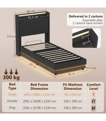 HOMCOM 3ft Single Bed Frame with Headboard, Platform Bed Frame with Hydraulic Storage, LED Lights and Charging Station, Black