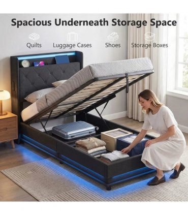 HOMCOM 3ft Single Bed Frame with Headboard, Platform Bed Frame with Hydraulic Storage, LED Lights and Charging Station, Black
