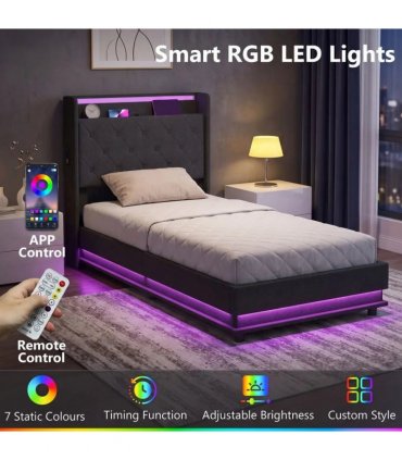 HOMCOM 3ft Single Bed Frame with Headboard, Platform Bed Frame with Hydraulic Storage, LED Lights and Charging Station, Black