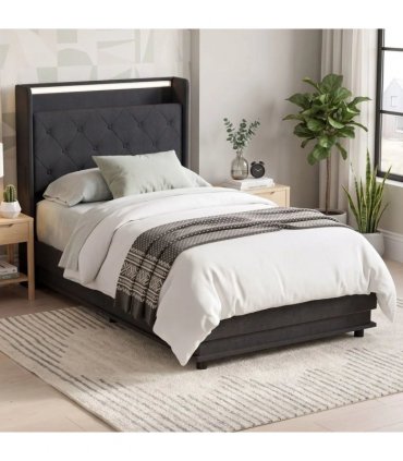 HOMCOM 3ft Single Bed Frame with Headboard, Platform Bed Frame with Hydraulic Storage, LED Lights and Charging Station, Black