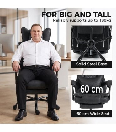HOMCOM Executive Office Chair, Leathaire Big and Tall Office Chair 180 kg with Wide Seat, Reclining, Lumbar Support, Black
