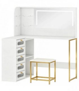 HOMCOM Dressing Table with LED Mirror and Stool, L-Shaped Vanity Desk with Drawers and Shelves, White