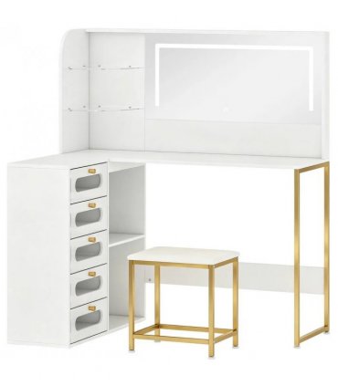 HOMCOM Dressing Table with LED Mirror and Stool, L-Shaped Vanity Desk with Drawers and Shelves, White