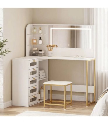 HOMCOM Dressing Table with LED Mirror and Stool, L-Shaped Vanity Desk with Drawers and Shelves, White