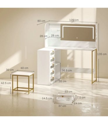 HOMCOM Dressing Table with LED Mirror and Stool, L-Shaped Vanity Desk with Drawers and Shelves, White