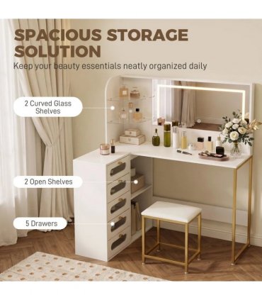 HOMCOM Dressing Table with LED Mirror and Stool, L-Shaped Vanity Desk with Drawers and Shelves, White