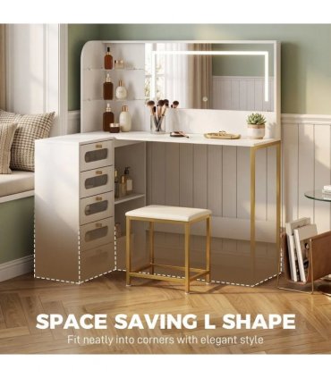 HOMCOM Dressing Table with LED Mirror and Stool, L-Shaped Vanity Desk with Drawers and Shelves, White