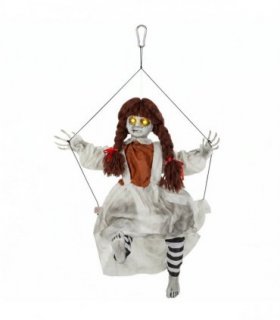 HOMCOM 80 cm Halloween Animated Hanging Creepy Girl on Swing Decoration, Kicking Legs, Sound and Touch Activated