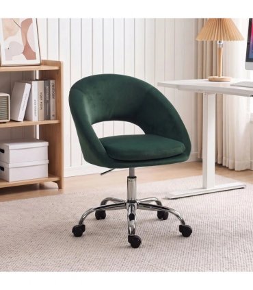 HOMCOM Velvet Desk Chair, Modern Office Chair with Height-Adjustable, Wheels, for Home Study Bedroom, Dark Green