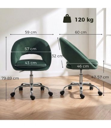 HOMCOM Velvet Desk Chair, Modern Office Chair with Height-Adjustable, Wheels, for Home Study Bedroom, Dark Green
