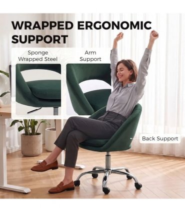 HOMCOM Velvet Desk Chair, Modern Office Chair with Height-Adjustable, Wheels, for Home Study Bedroom, Dark Green