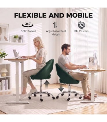 HOMCOM Velvet Desk Chair, Modern Office Chair with Height-Adjustable, Wheels, for Home Study Bedroom, Dark Green