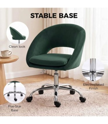 HOMCOM Velvet Desk Chair, Modern Office Chair with Height-Adjustable, Wheels, for Home Study Bedroom, Dark Green