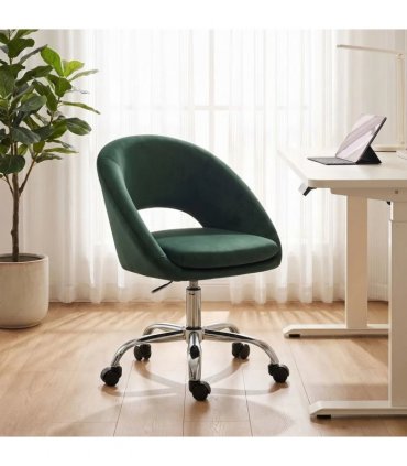 HOMCOM Velvet Desk Chair, Modern Office Chair with Height-Adjustable, Wheels, for Home Study Bedroom, Dark Green