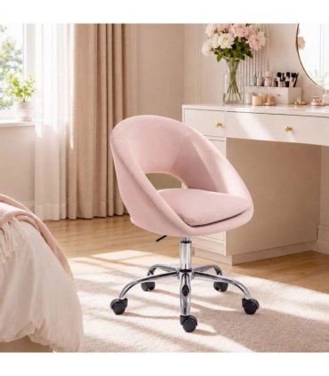 HOMCOM Velvet Desk Chair, Modern Office Chair with Height-Adjustable, Wheels, for Home Study Bedroom, Pink