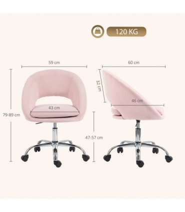 HOMCOM Velvet Desk Chair, Modern Office Chair with Height-Adjustable, Wheels, for Home Study Bedroom, Pink
