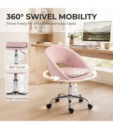 HOMCOM Velvet Desk Chair, Modern Office Chair with Height-Adjustable, Wheels, for Home Study Bedroom, Pink