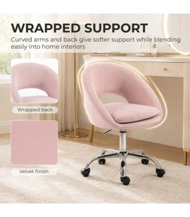 HOMCOM Velvet Desk Chair, Modern Office Chair with Height-Adjustable, Wheels, for Home Study Bedroom, Pink