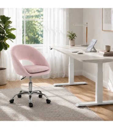 HOMCOM Velvet Desk Chair, Modern Office Chair with Height-Adjustable, Wheels, for Home Study Bedroom, Pink