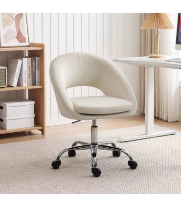 HOMCOM Velvet Desk Chair, Modern Office Chair with Height-Adjustable, Wheels, for Home Study Bedroom, Cream