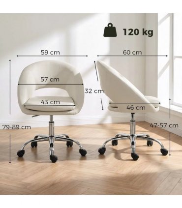 HOMCOM Velvet Desk Chair, Modern Office Chair with Height-Adjustable, Wheels, for Home Study Bedroom, Cream