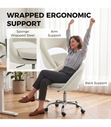 HOMCOM Velvet Desk Chair, Modern Office Chair with Height-Adjustable, Wheels, for Home Study Bedroom, Cream