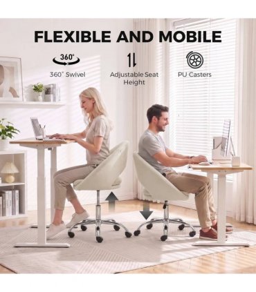 HOMCOM Velvet Desk Chair, Modern Office Chair with Height-Adjustable, Wheels, for Home Study Bedroom, Cream